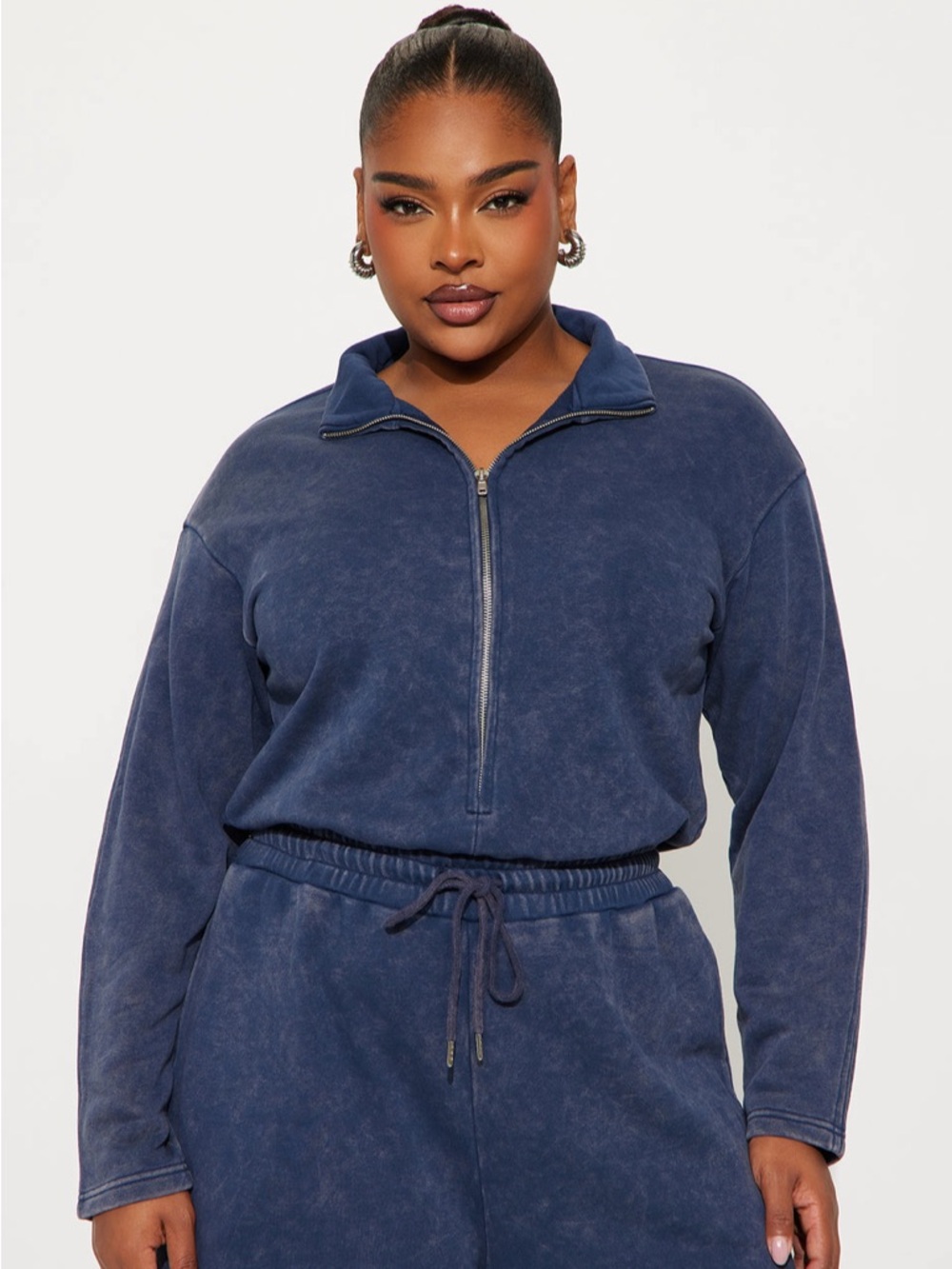 Fashion Nova Navy Blue Washed Half-Zip Jumpsuit